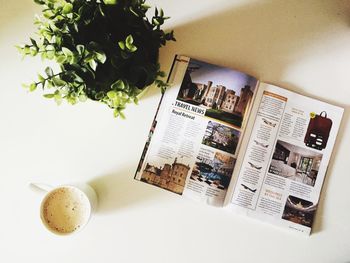 High angle view of open book on table