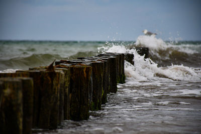 Waves splashing on wooden post at beach against sky