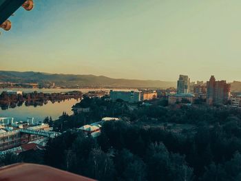 High angle view of townscape against sky at sunset