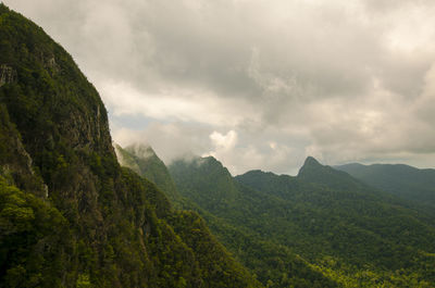 Scenic view of mountains against cloudy sky