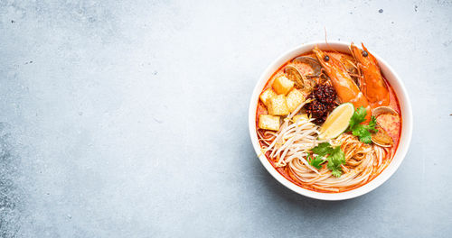 High angle view of food in bowl on table