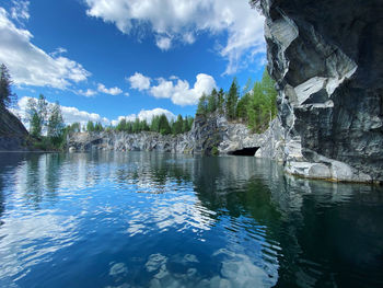 Scenic view of lake from caves of ruskeala