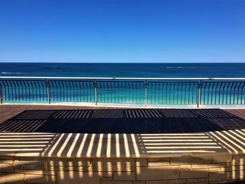 Scenic view of sea against clear blue sky