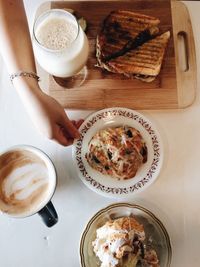 High angle view of breakfast served on table