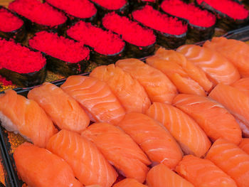 Close-up of sushi for sale at market stall