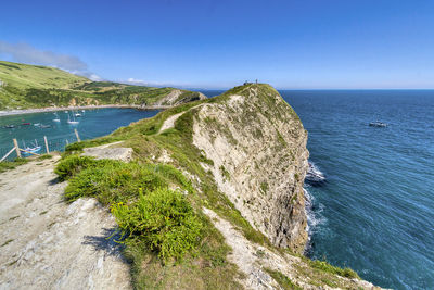 High angle view of sea against clear blue sky