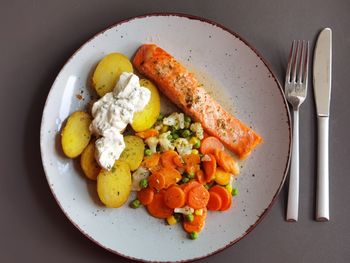 Directly above shot of food served in plate