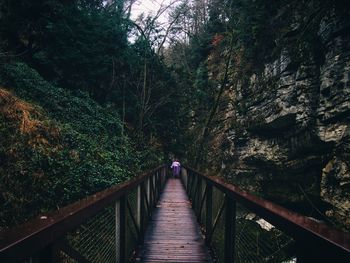 Man walking on footbridge in forest