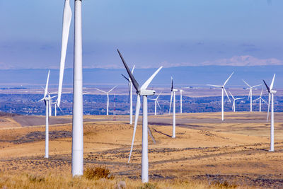 Wind turbines in field against blue sky