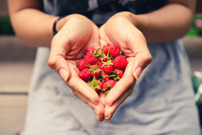 Midsection of woman holding raspberries