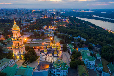 Beautiful summer top view of the kiev-pechersk lavra.  beautiful panorama of kiev in the evening.