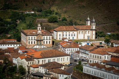 High angle view of buildings in town