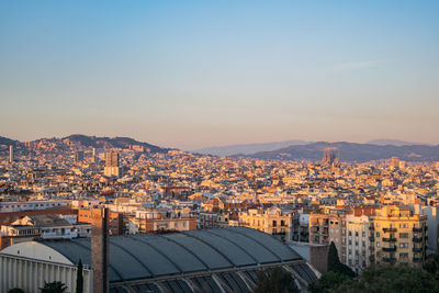 High angle view of townscape against sky at sunset