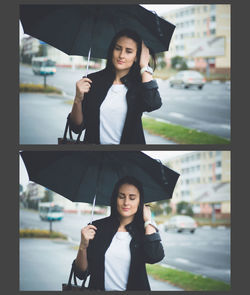 Portrait of beautiful woman standing in rain