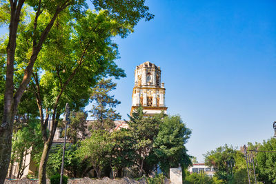 Low angle view of trees and building against sky