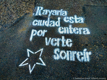 High angle view of text on road