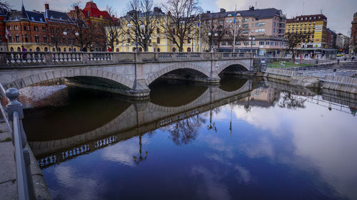 Bridge over river in city against sky