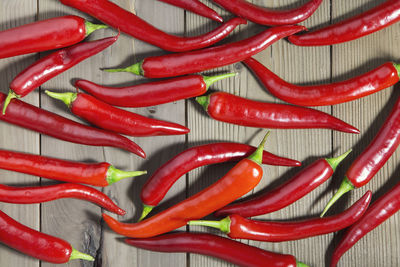 High angle view of red chilies on table