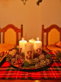 Close-up of lit candles on table