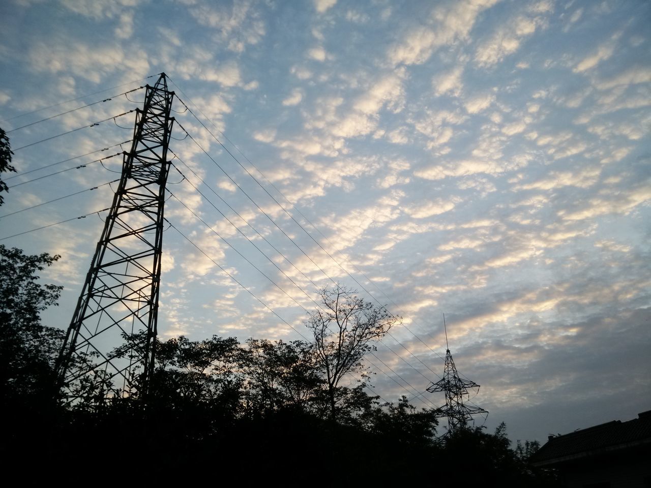 silhouette, sky, low angle view, tree, power line, electricity pylon, cloud - sky, electricity, sunset, cloudy, power supply, nature, cloud, tranquility, beauty in nature, connection, cable, dusk, fuel and power generation, scenics