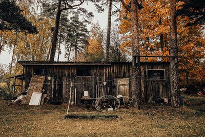 Abandoned house amidst trees on field in forest