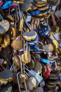 Close-up of padlocks hanging on railing