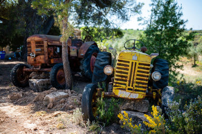 View of various old tractors in the farms of lleida