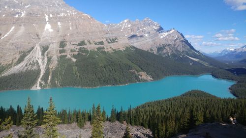 Panoramic shot of snowcapped mountains against blue sky