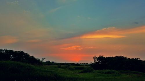 Scenic view of field against sky during sunset