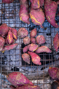 High angle view of meat on barbecue grill