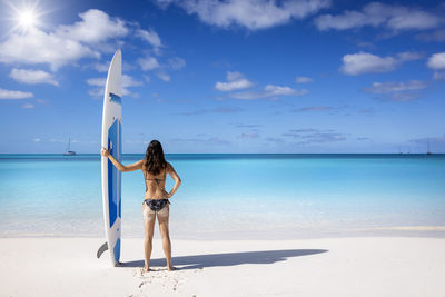 Rear view of woman standing at beach against sky