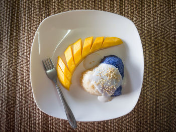 High angle view of breakfast served on table