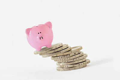 Close-up of pink stack against white background