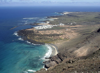 High angle view of sea shore against sky