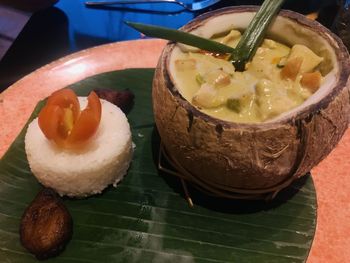 High angle view of dessert in bowl on table