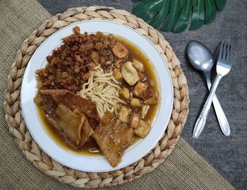 High angle view of food in plate on table