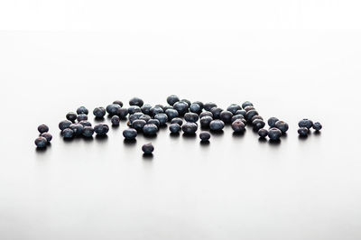 High angle view of berries on table against white background