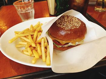 Close-up of burger on table