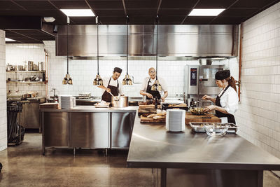 Chefs preparing food in commercial kitchen