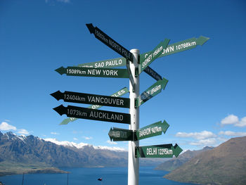 Information sign on snowcapped mountains against sky