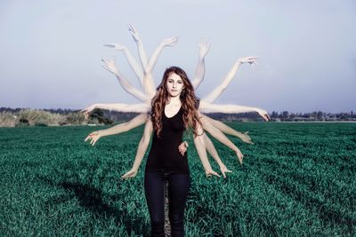 Multiple image of woman standing on field