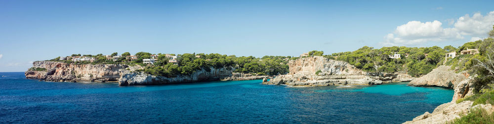 Panoramic view of sea against clear blue sky