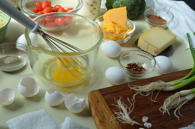 High angle view of food ingredients on kitchen counter