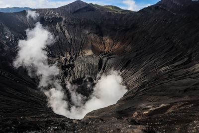 Smoke emitting from volcanic mountain