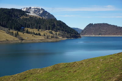 Scenic view of lake and mountains against sky