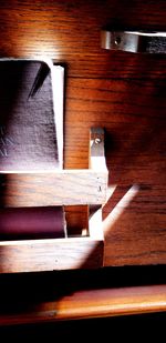 High angle view of books on table