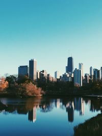 Reflection of city in lake against clear blue sky