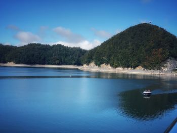 Scenic view of lake against blue sky