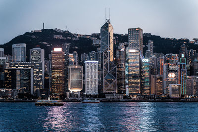 Illuminated buildings in city