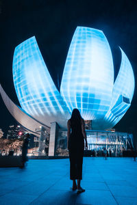 Rear view of woman standing against illuminated city at night